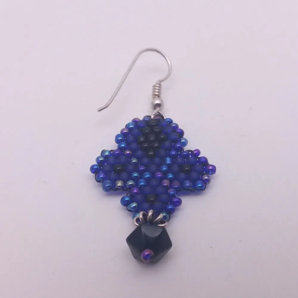 Blue, Purple Iris & Black Beadwork Earrings